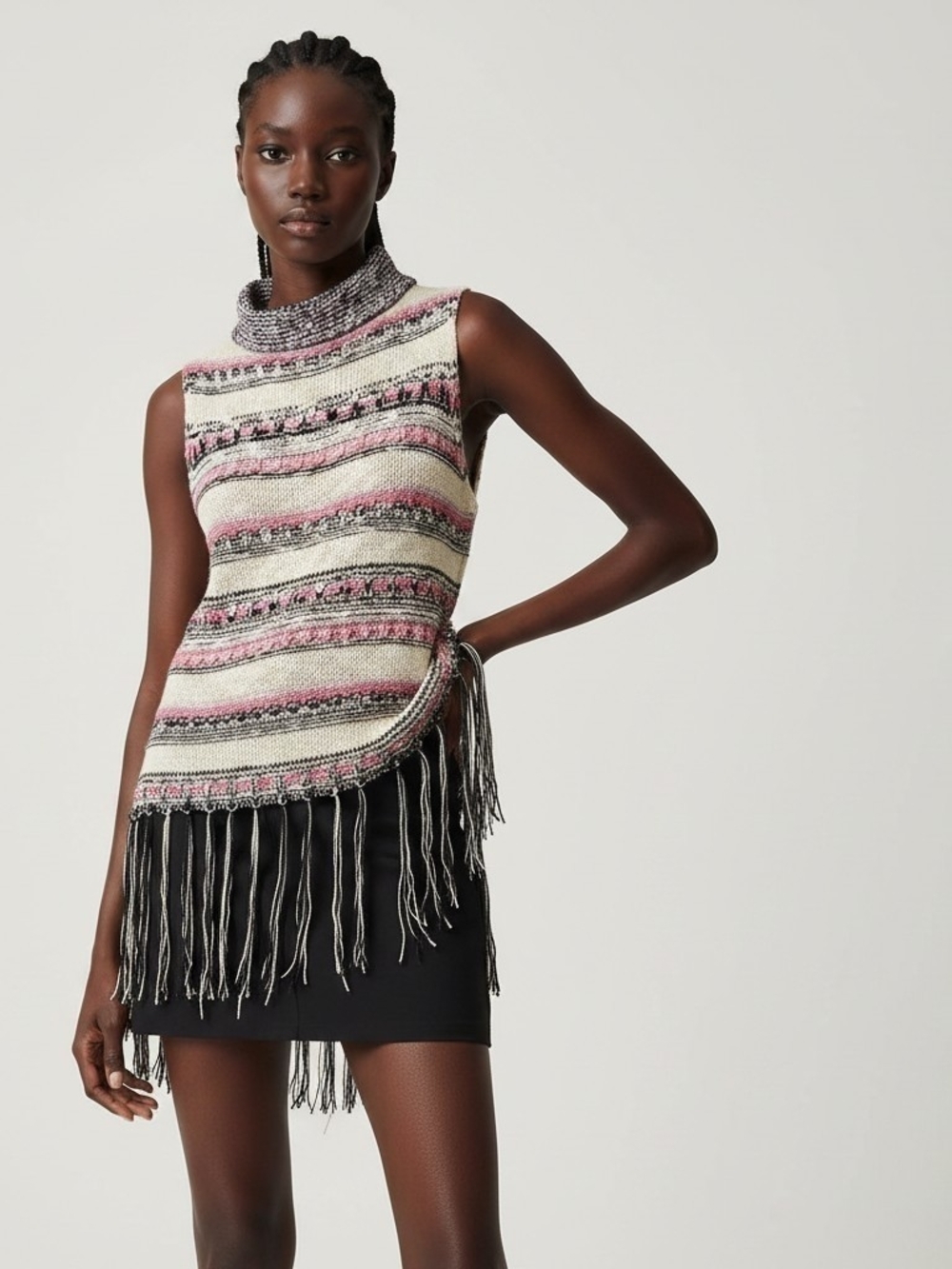 Hayden Boho Striped Fringe Sweater Vest Cowl Neck Sleeveless M/L